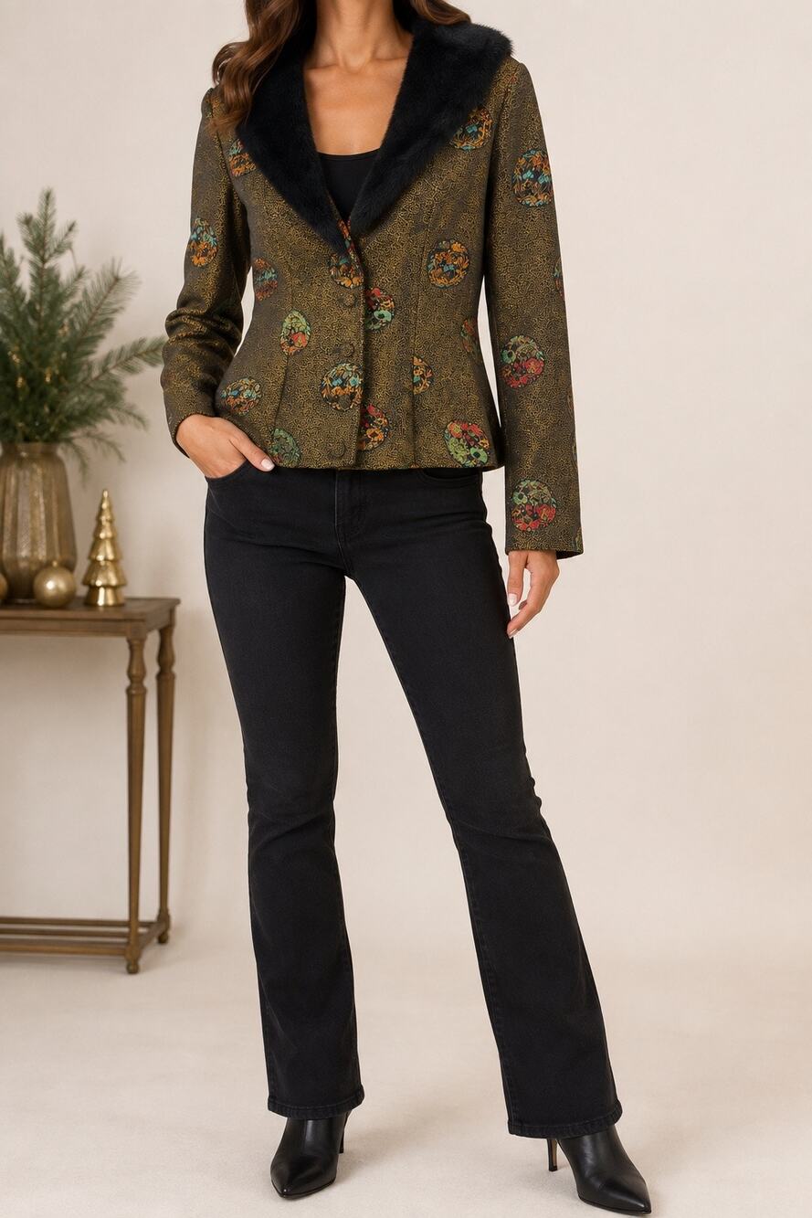 Vintage Georgette Women's Brocade Faux Fur Collar Jacket Size M Boho Retro Indie